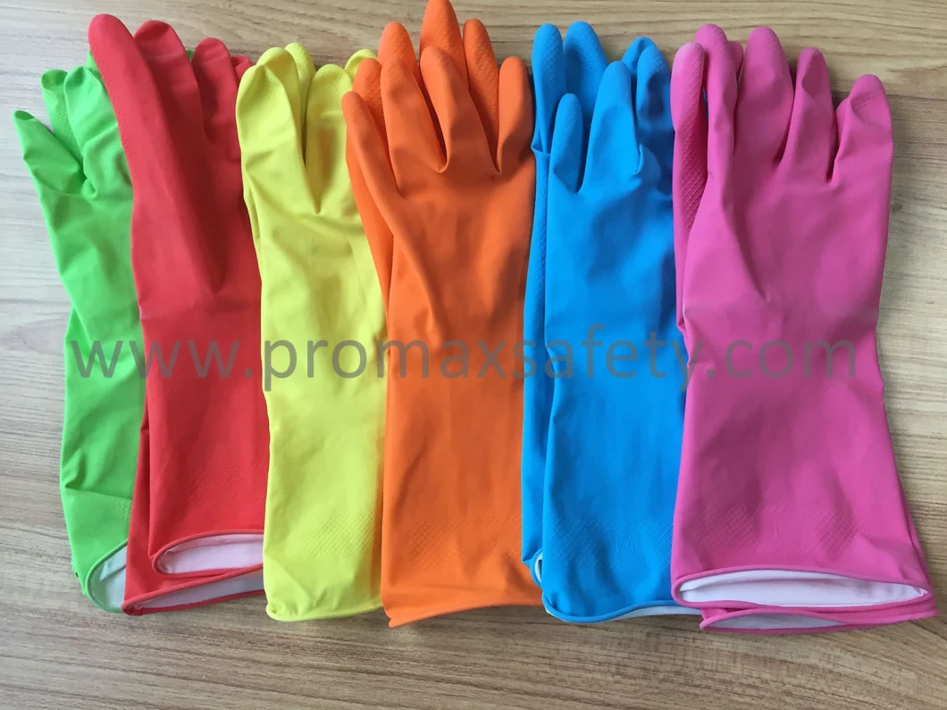 Unsupported DIP Cotton Flocked Waterproof Rubber Latex Household Dish Washing Cleaning Gloves